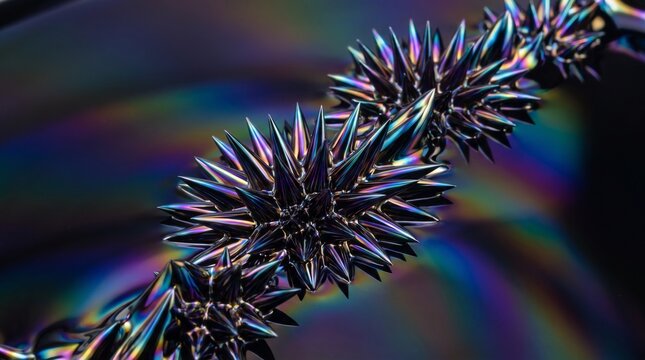 Abstract Ferrofluid Spikes with Iridescent Rainbow Reflections