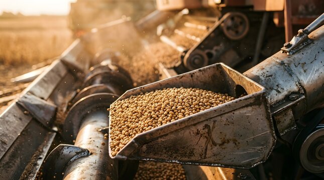 A metal scoop collects soybeans from the mechanical auger of a combine harvester in the field.
