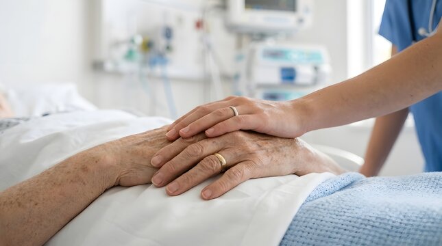 A compassionate nurse gently rests her hand on the wrinkled hand of a senior patient in a hospital.