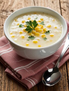 Bowl of corn chowder rests on striped brown napkin, creamy texture, yellow corn kernels, green garnish, silver spoon beside, wood table background, fresh ingredients, nutritious meal, cozy kitchen