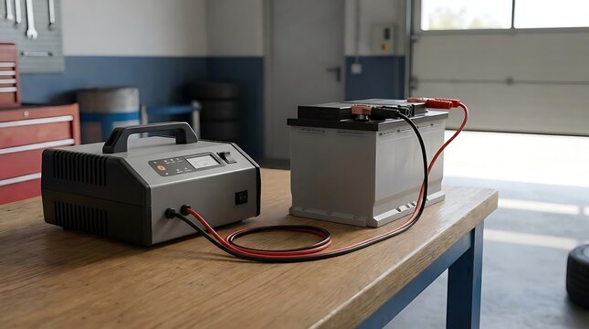 A 12v battery charger connected to a car lead-acid battery for charging on a wooden workbench in a professional auto repair shop garage setting.