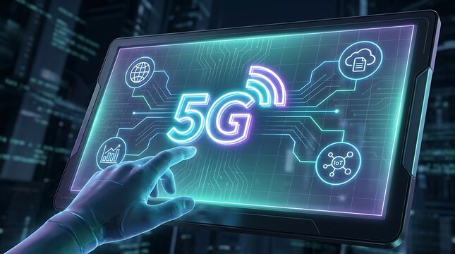 A person interacts with a glowing 5G holographic display representing advanced wireless network connectivity.