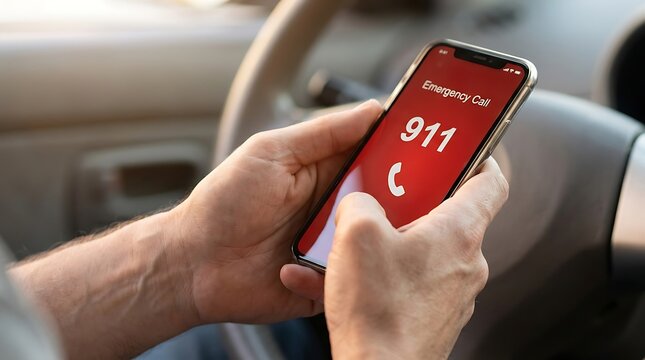 Close up of hands using a mobile phone to dial 911 emergency services while sitting in a vehicle.