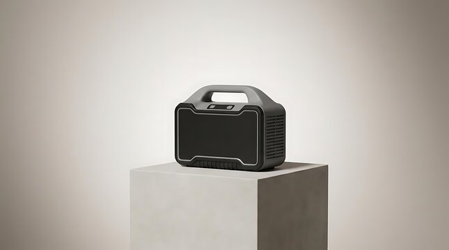 A sleek modern 12v battery charger displayed on a minimalist concrete pedestal against a plain neutral background for professional tech and power product