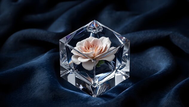 Luxury crystal cube containing a delicate flower, glossy surface, sophisticated lighting