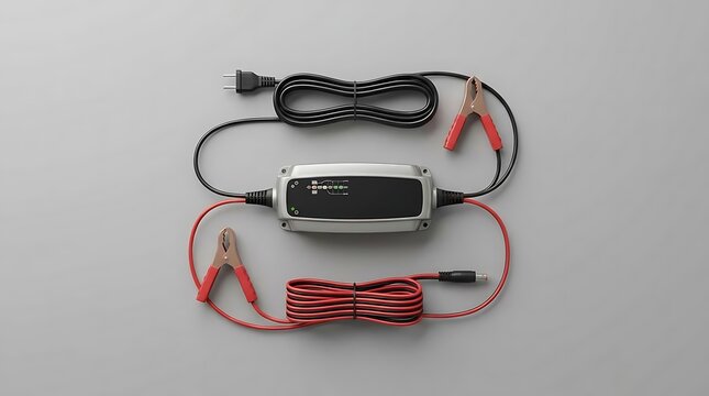 12v battery charger unit featuring alligator clips and power cables arranged neatly on a clean gray surface for automotive maintenance equipment concept