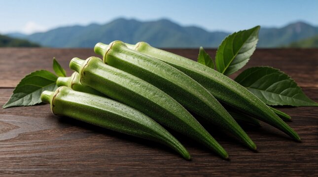 Fresh green okra pods with leaves rest on dark wood table. Ripe vegetables, healthy food ingredient. Natural farm produce ready for cooking meal.