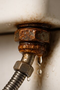 Corroded plumbing connection leaking water under a sink. Close-up concept of pipe damage, emergency repair and household water leakage.