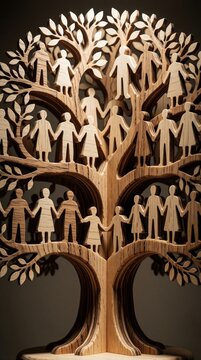 Wooden sculpture of family tree with many human figures. Carved people hold hands to show connection, community. Decorative art piece ancestry, kinship, unity through generations of people in