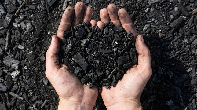 Close up of Dirty Hands Holding Black Biochar Mulch for Sustainable Organic Soil Amendment