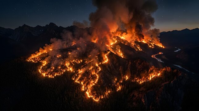 Intense forest fire burning across a dark mountain range with a river flowing in the deep valley.