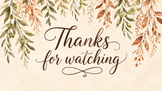 Elegant calligraphy text reading thanks for watching with watercolor autumn leaves.