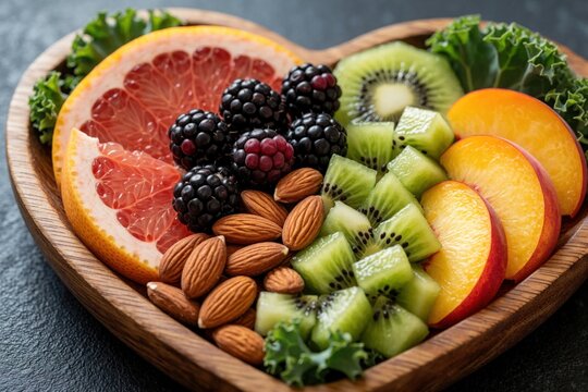 Heart shaped wooden plate brimming with vibrant fruits like grapefruit, kiwi, peach, berries. Includes almonds, leafy greens, suggesting healthy, nutritious, delicious meal choice for wellness.