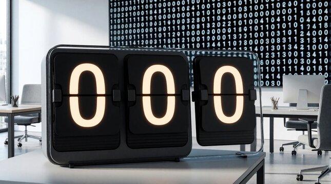 Digital clock shows zero time in bright modern office. Minimalist workspace, binary code wall, computer setup. Represents fresh start, reset, or countdown for new project beginning.