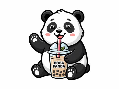 Cute Cartoon Panda Holding a Refreshing Boba Tea Drink 1.