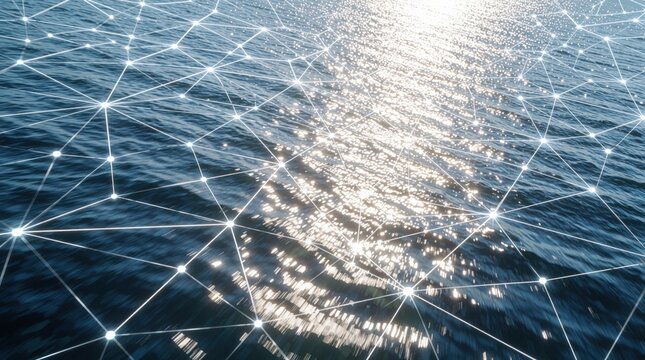 Abstract network of lines overlays deep blue water surface. Sun reflects brightly on ocean waves creating sparkling highlights. Digital connections appear over liquid.