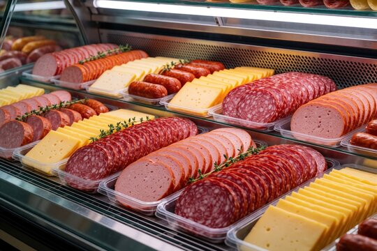 Assorted sliced meats and cheese displayed in refrigerated counter. Variety of salami, ham, sausage and dairy products ready for purchase in grocery store.