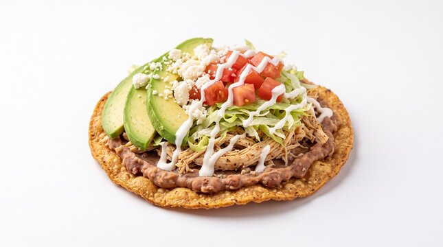 Mexican Chalupa with Avocado Lettuce Tomato Beans and Sour Cream on White Background Food Photography