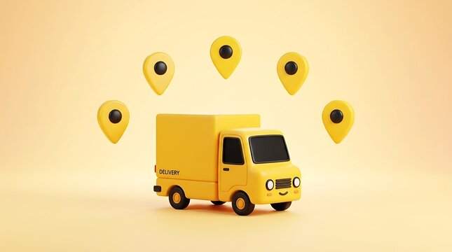 3D toy delivery truck with map pins symbolizing logistics, shipping, and route planning for business concepts