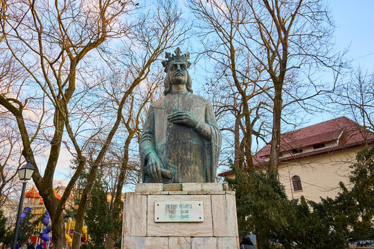 Bronze statue of historical king amid autumn trees. March 3, 2026, Suceava Romania