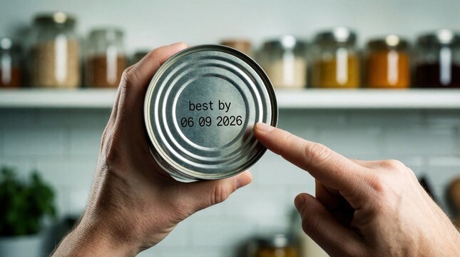 Person checks metal can expiry date in modern kitchen pantry. Person inspects canned food label, verifies date, ensures freshness for meal prep. Home food safety check.