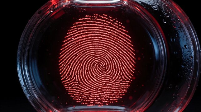 Glowing red digital fingerprint pattern inside circular glass container. Biometric identity scan shows unique human touchprint with neon light effect. High tech security system uses cyber data for