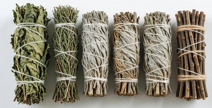 Six bundles of dried herbs and sticks tied with twine sit in a row on a white surface. Various plants like sage and rosemary are prepared for smudging rituals or culinary use.