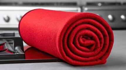 Fototapeta premium Rolled red blanket on stovetop creating cozy kitchen scene, home organizer arranges emergency warmth and textured fleece throw near oven, warm tones, soft fiber detail, inviting tabletop display,