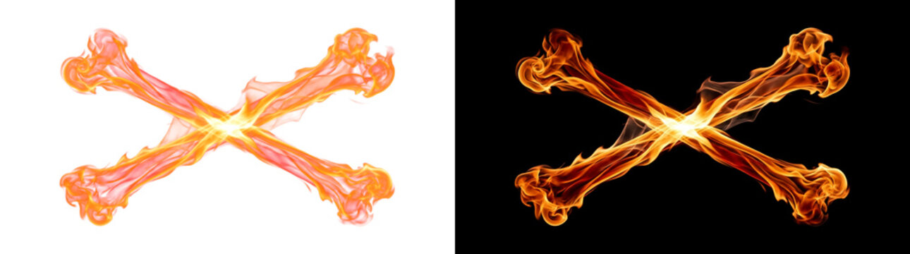 Fiery crossed bones emblem crafted from swirling plasma ribbons and brilliant blazing nodes, glowing flame transparent design element
