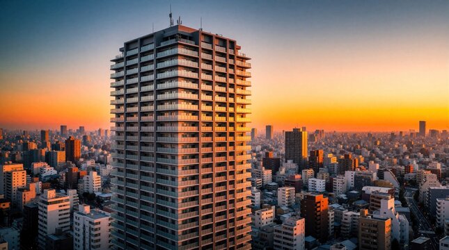 Tall modern apartment building stands against orange sunrise sky in Tokyo. Highrise residential tower features many windows, concrete facade. Urban cityscape stretches toward horizon during dawn.