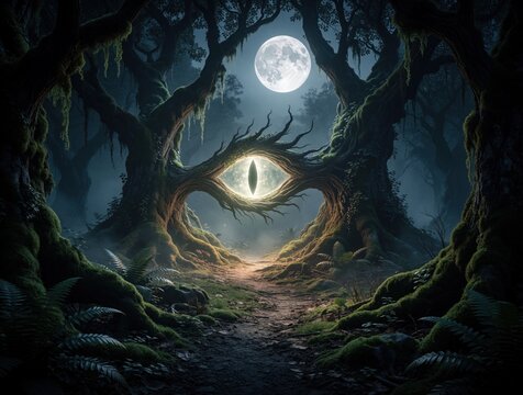 Mysterious eye shaped portal glows between ancient mossy trees in dark forest. Surreal fantasy landscape under bright full moon at night. Magical light shines on path through eerie woods. Enchanted