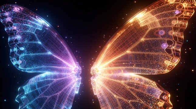 Abstract luminous butterfly wings with glowing particles, neon lines. Digital tech art features blue, orange light effects on dark background. Futuristic 3D concept shows creative motion, electronic