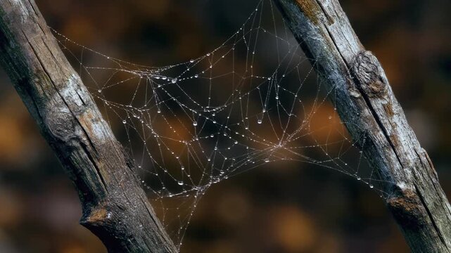Macro Spider Web with Morning Dew Droplets Hanging Between Tree Branches