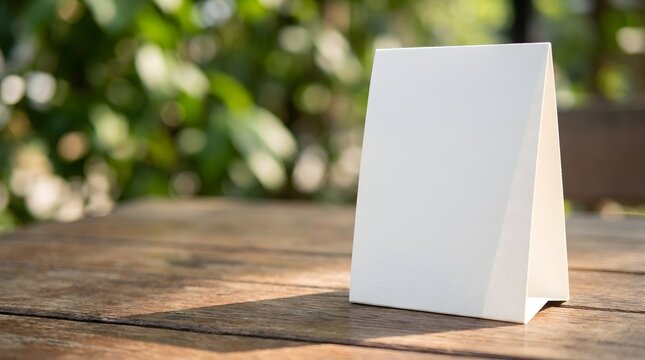Blank white tent card mockup on rustic wooden table in sunny outdoor garden cafe setting