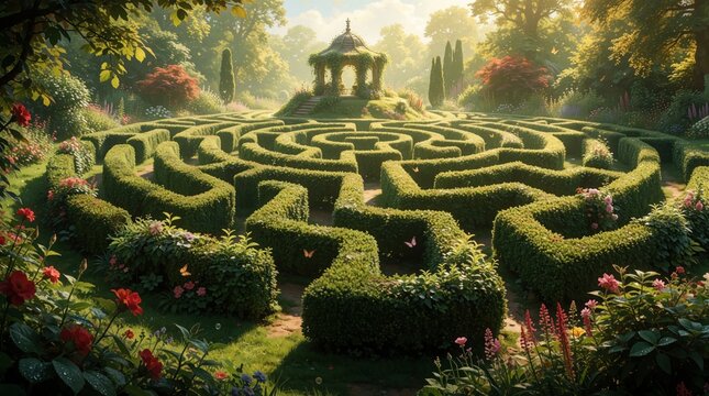 Sunlit garden maze with winding green hedges and a gazebo. Butterflies flutter near flowers and pathways, inviting exploration. Lush plants surrounds this peaceful landscape.