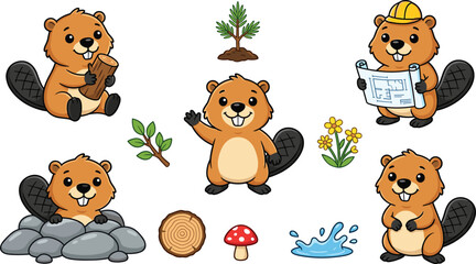 Cute beaver character collection featuring woodworking, construction, forest nature, plants, mushrooms, rocks, water, and outdoor wildlife activities © sumi