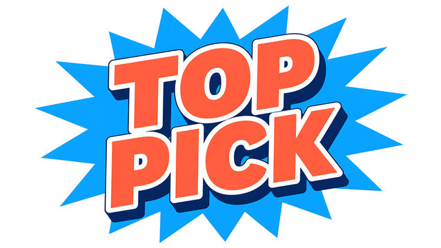 Comic book style graphic of the text "TOP PICK" in red letters on a blue starburst.