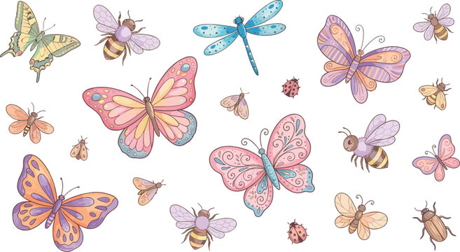 Watercolor Style Garden Insect Vector Collection with Elegant Butterflies Bumblebees Dragonfly and Ladybugs for Seamless Patterns Stickers and Kids Designs
