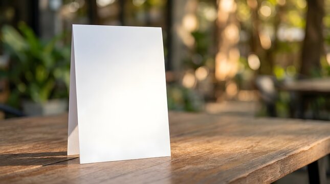 Blank White Tent-Fold Card Mockup on Wooden Table in Cafe with Natural Sunlight and Bokeh Background