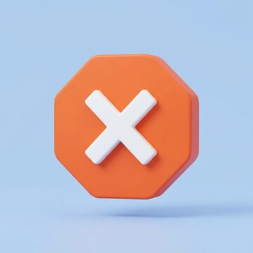 A 3D rendered orange octagon icon with a white cross mark on a light blue background.