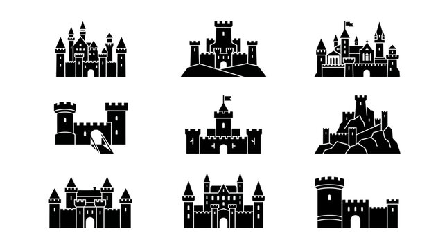 Collection of castle silhouettes architecture.