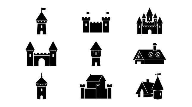 Collection of castle tower silhouettes medieval.