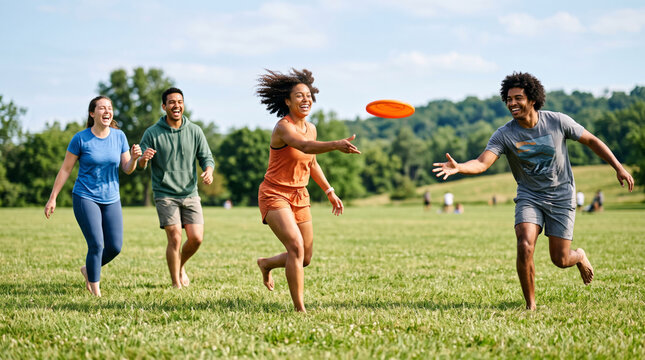Diverse group of friends enjoying a game of frisbee in a sunny park