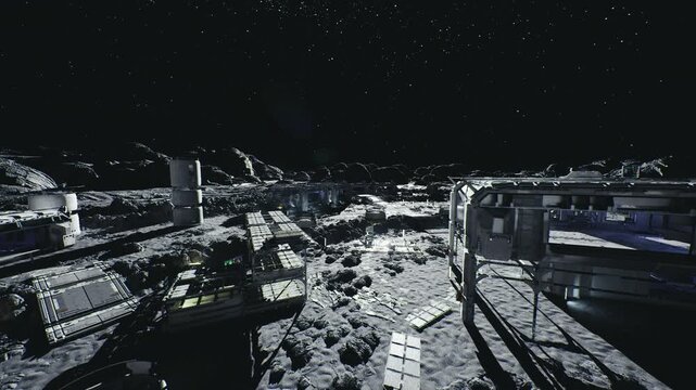 Moon structural module with exterior walkway and support beams, close metallic textures, access fixtures, thermal shielding and anchored foundations captured