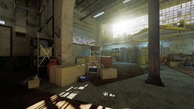 Sunlit abandoned industrial warehouse interior with scattered boxes and ladder high windows casting long shadows, warm golden dust particles, textured concrete