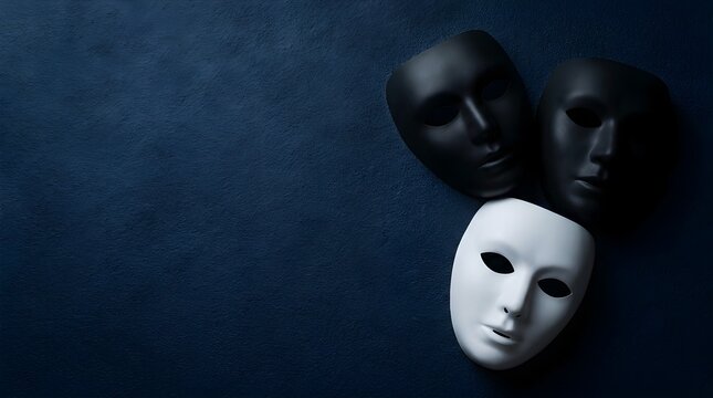 Three theatrical masks in black and white colors on a dark blue textured background with copy space