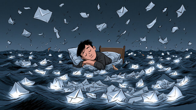 Bed Floating Stormy Ocean Emails Charts Work-Life Metaphor
