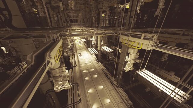 Warmlit automated corridor with conveyor belts and robotic arms orchestrating parts flow, highenergy logistic pulse, reflective metal surfaces and rhythmic