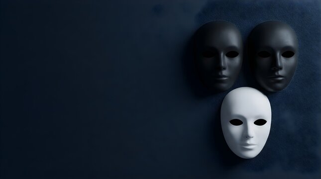 Trio of black and white theatrical masks on dark textured background with copy space