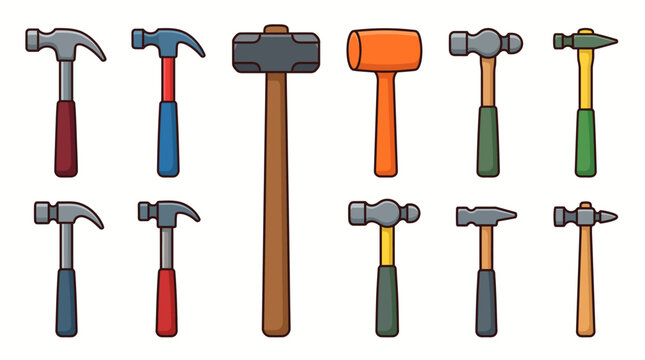 Colorful cartoon hammer collection set with claw sledge mallet and ball peen hammers isolated on white background